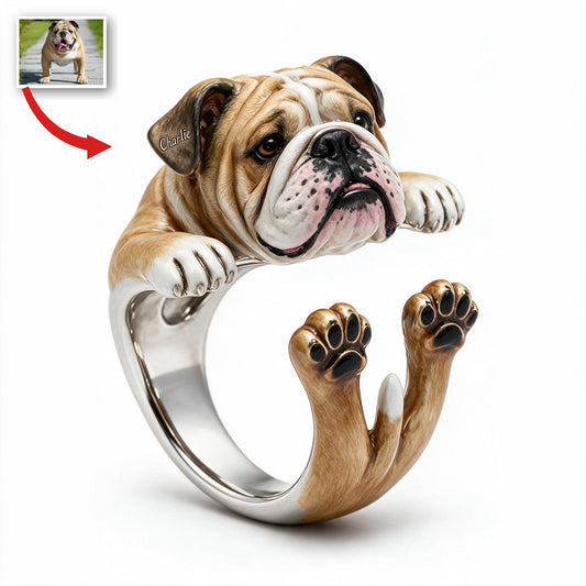 Personalized Fawn and White Adult Bulldog Adjustable Ring Dog Lover Gift