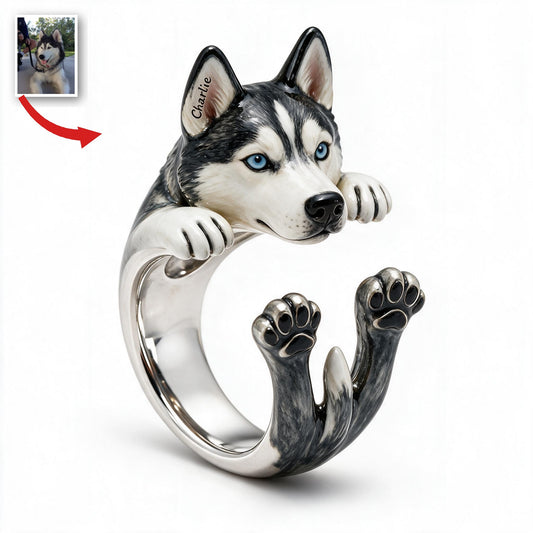 Personalized Blue Eyed Siberian Husky Adjustable Ring Dog Lover Gift