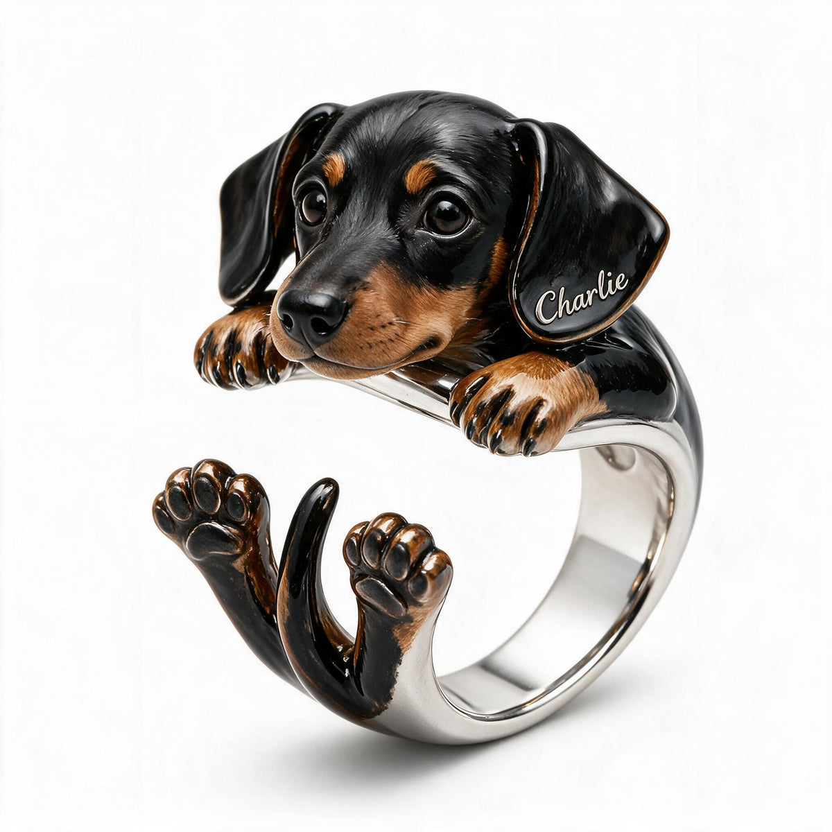 Personalized Black and Tan Dachshund Puppy Adjustable Ring Dog Lover Gift
