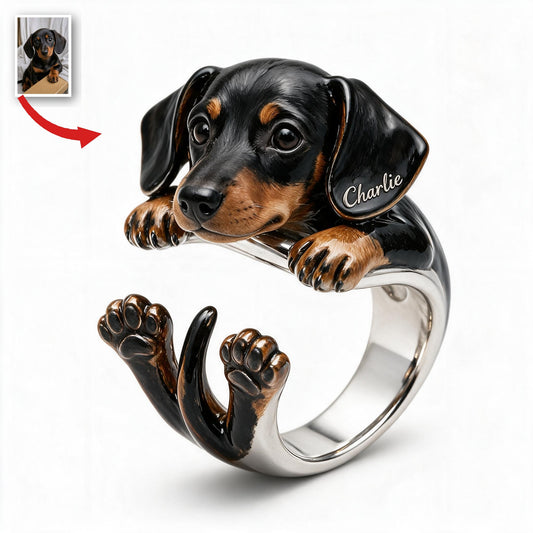 Personalized Black and Tan Dachshund Puppy Adjustable Ring Dog Lover Gift