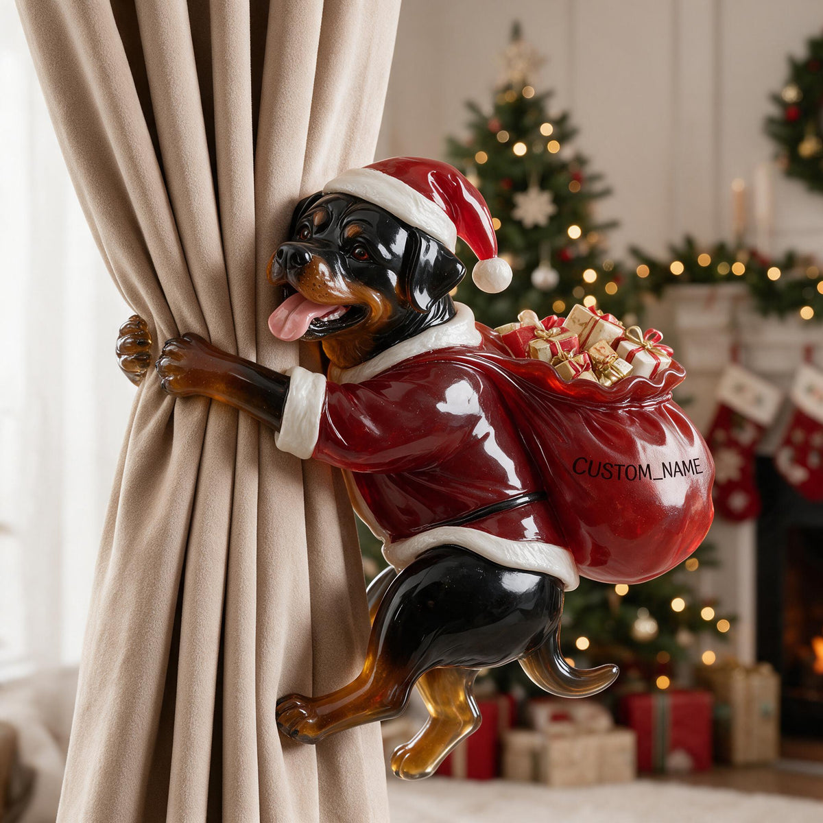 Personalized Custom Photo Christmas Black and Tan Adult Rottweiler Curtain Tieback