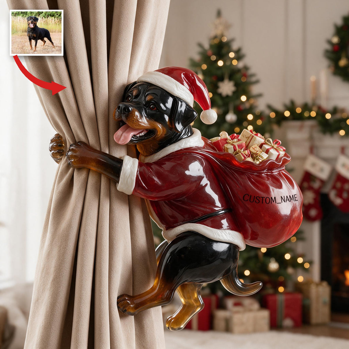 Personalized Custom Photo Christmas Black and Tan Adult Rottweiler Curtain Tieback