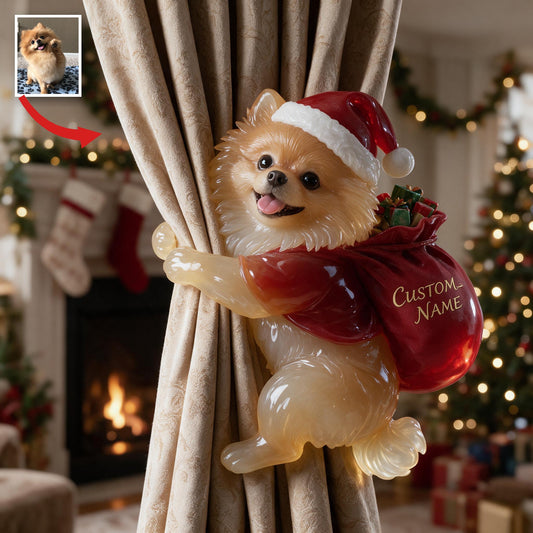 Personalized Custom Photo Christmas Fluffy Golden Tan Pomeranian Curtain Tieback Home Decor