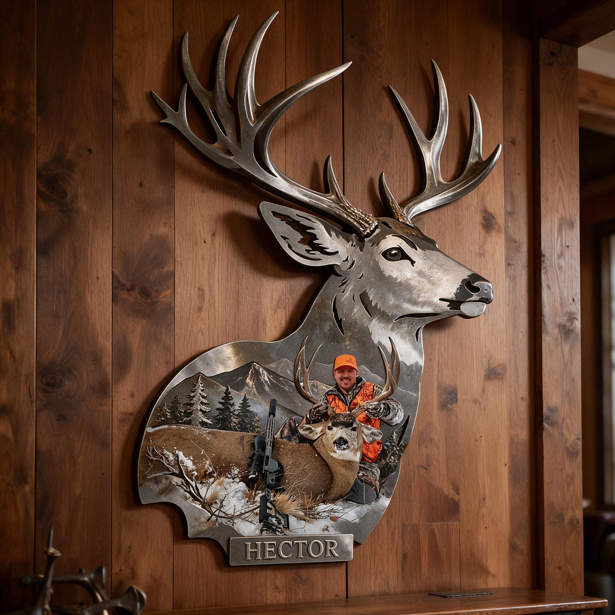 Personalized Custom Photo Middle-Aged Hunter with Deer 3D Cut Metal Sign Hunting Decor