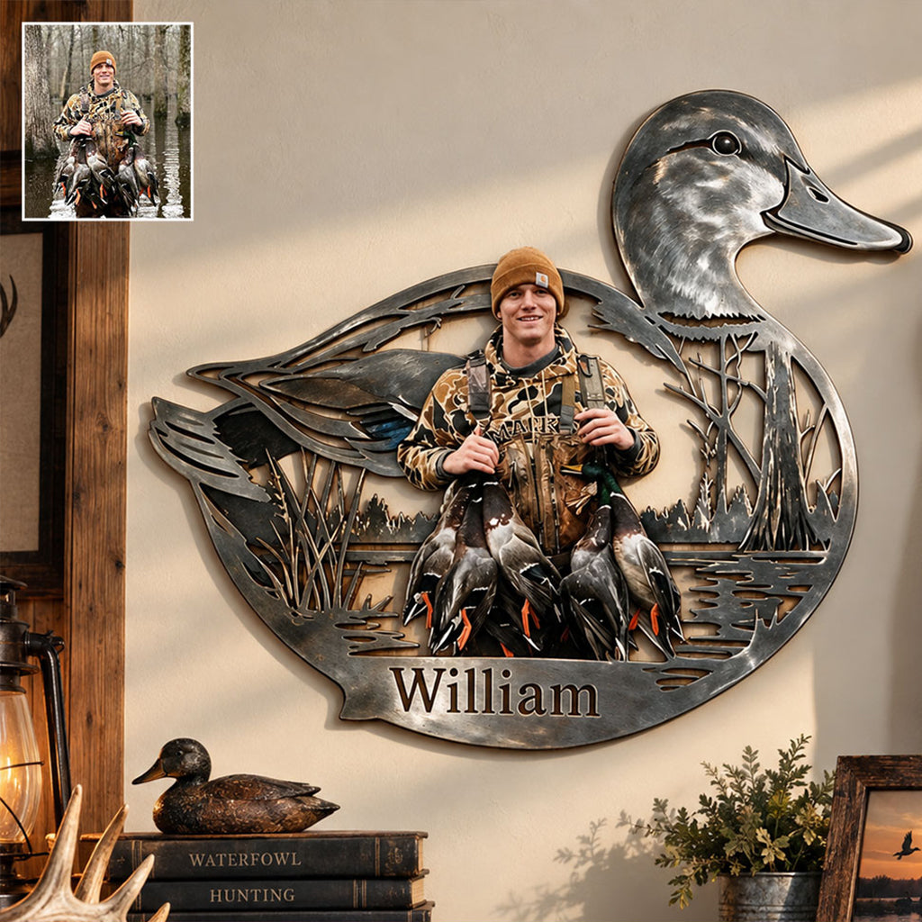 Personalized Custom Photo Middle-Aged Black Duck Hunter 3D Cut Metal Sign Hunting Decor