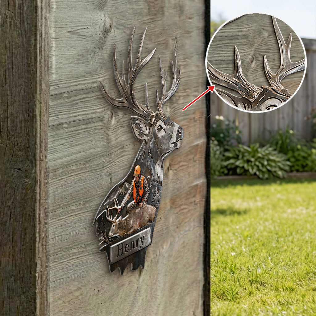 Personalized Custom Photo Middle-Aged Hunter with Deer 3D Cut Metal Sign Hunting Decor
