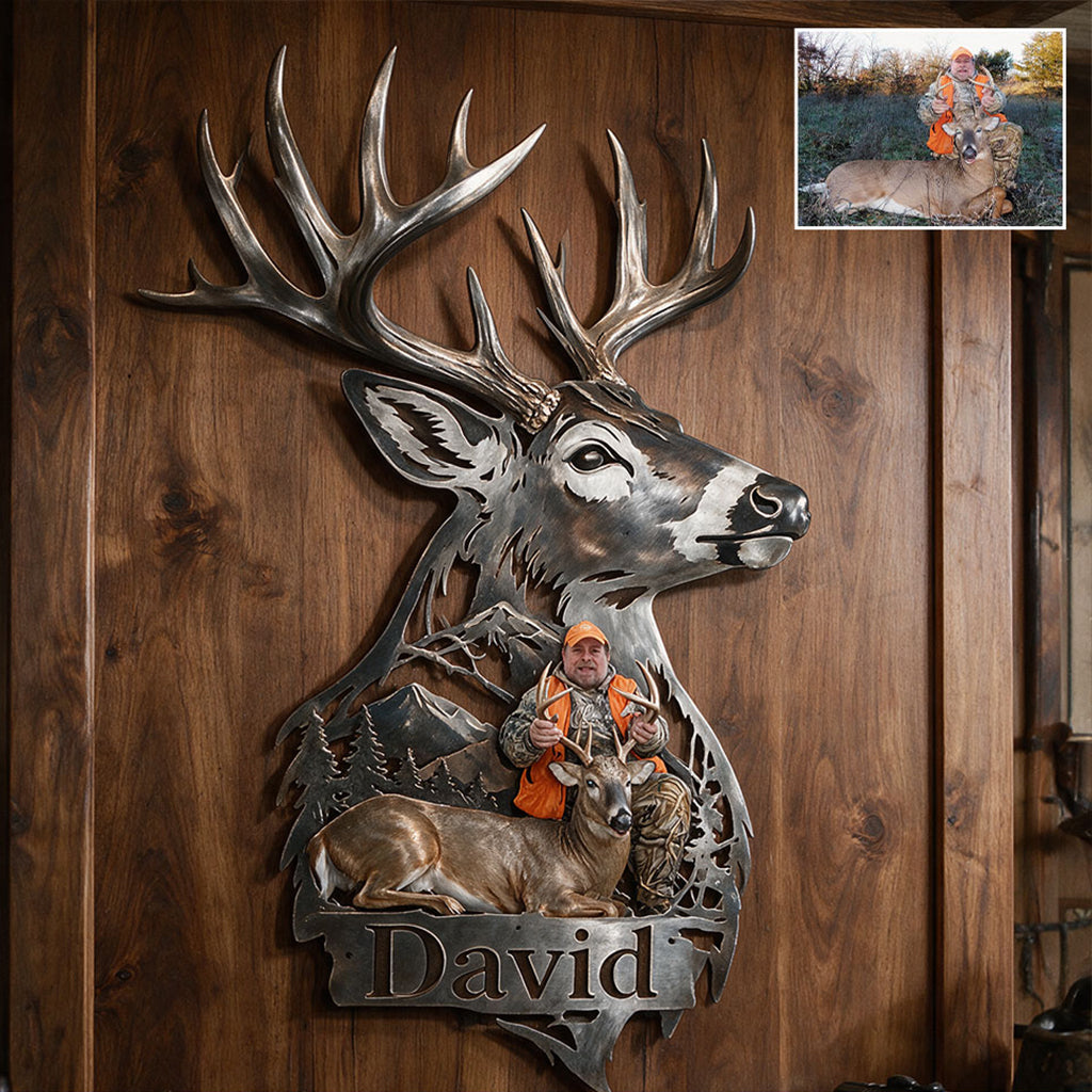 Personalized Custom Photo Hunting Couple with Deer 3D Cut Metal Sign Hunting Wall Decor