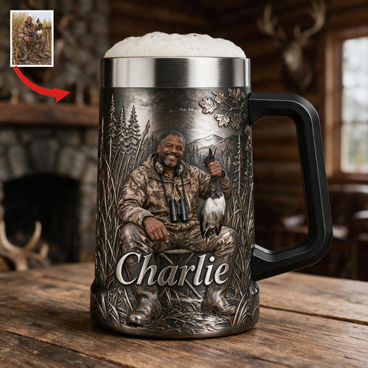 Personalized Middle-Aged Black Duck Hunter Beer Stein Hunting Gift