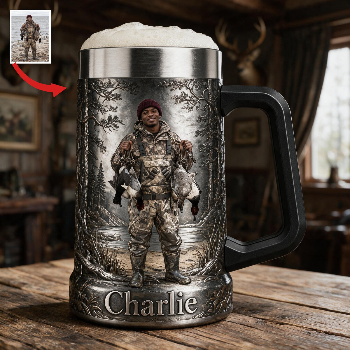 Personalized Black Duck Hunter Beer Stein, Hunting Gift for Beer Lovers
