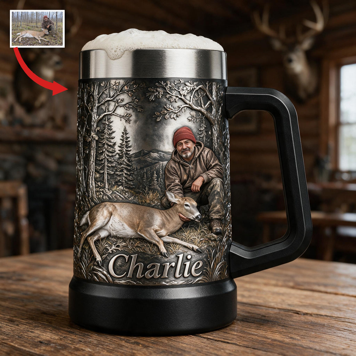 Personalized Middle-Aged Latino Hunter with Deer Beer Stein Hunting Gift