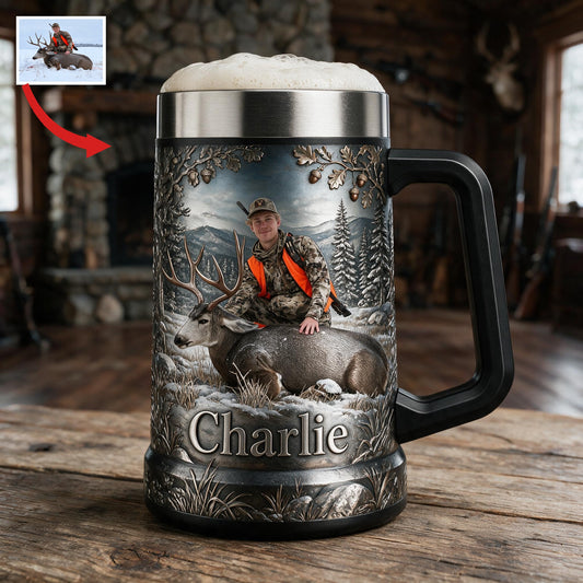 Personalized Hunter with Deer Beer Stein, Hunting Gift for Beer Lovers