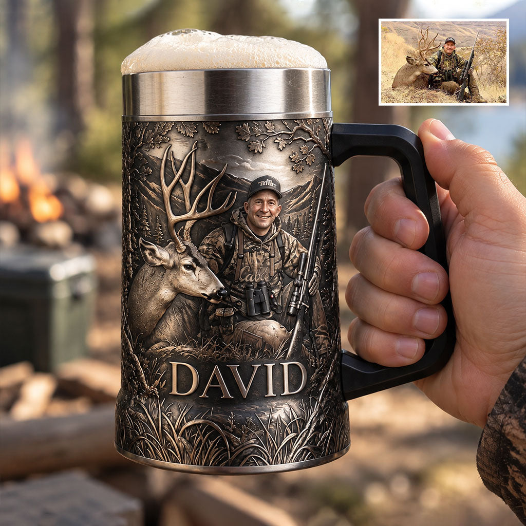 Personalized Middle-Aged Latino Hunter with Deer Beer Stein Hunting Gift