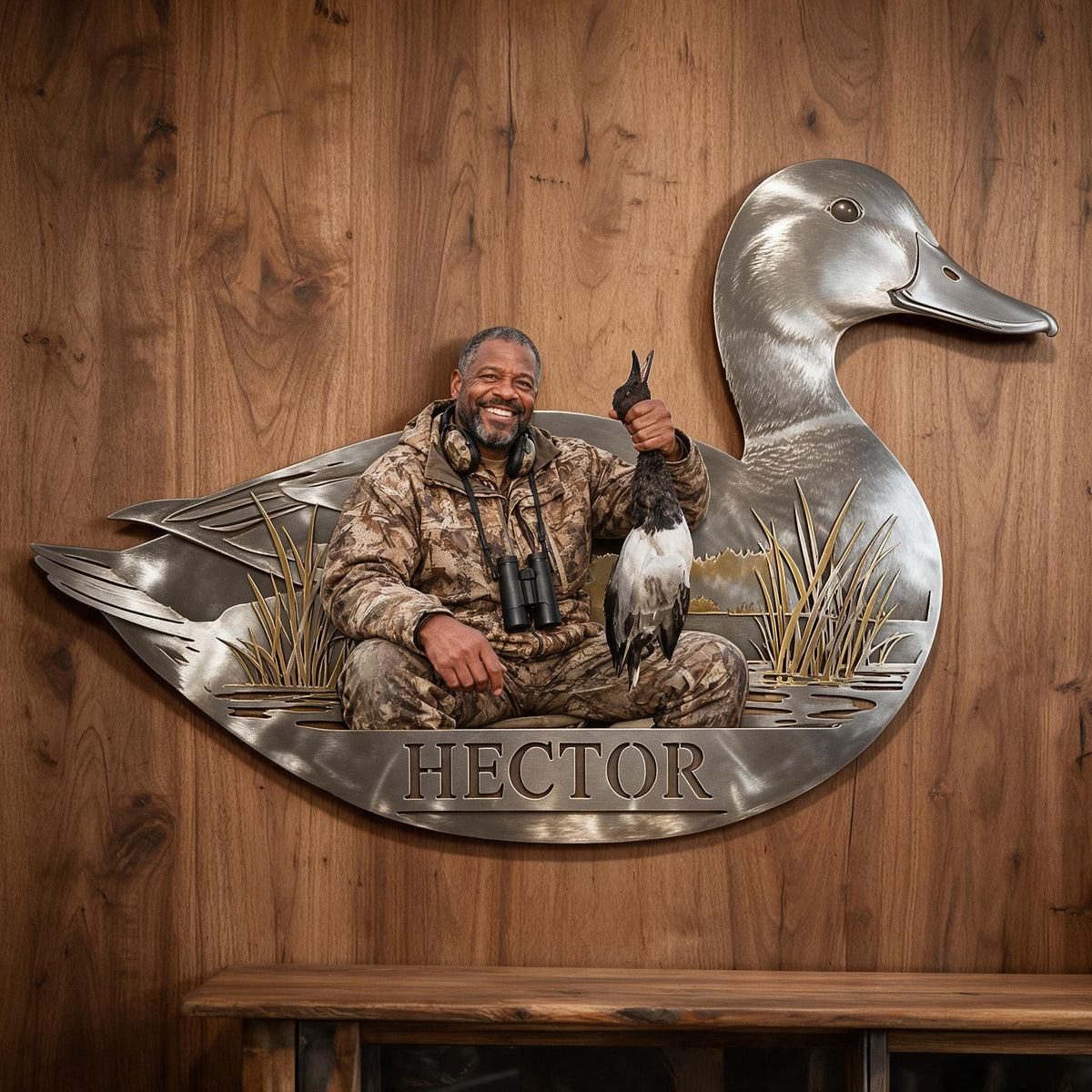Personalized Custom Photo Middle-Aged Black Duck Hunter 3D Cut Metal Sign Hunting Decor