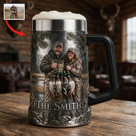 Personalized Custom Photo Middle-aged Duck Hunting Couple Beer Stein Hunting Gift