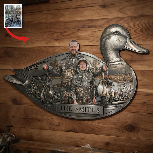 Personalized Custom Photo Father and Child Duck Hunters 3D Cut Metal Sign Hunting Decor