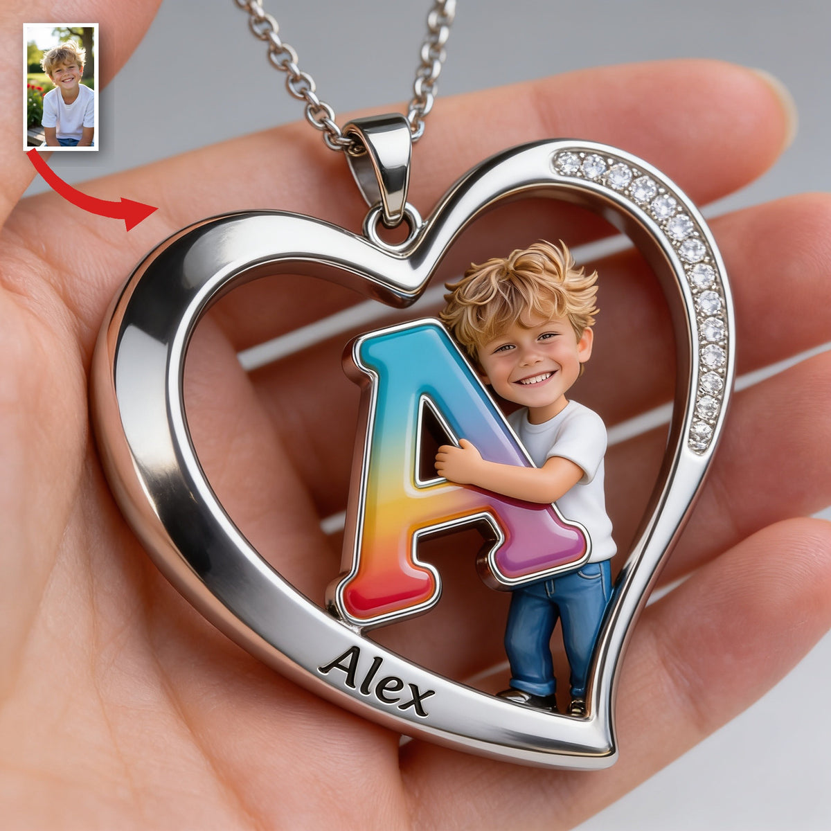 Personalized Custom Photo Little Boy Heart Pendant Necklace, Son Grandson Keepsake Gift