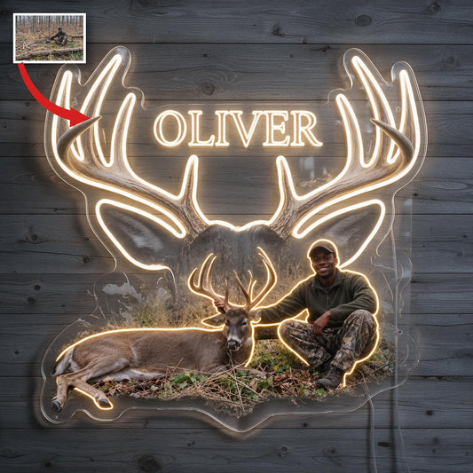 Personalized Black Hunter with Deer Neon LED Light Sign Hunting Wall Decor