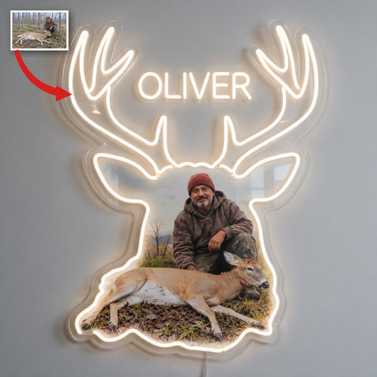 Personalized Middle-Aged Latino Hunter with Deer Neon LED Light Sign Hunting Decor