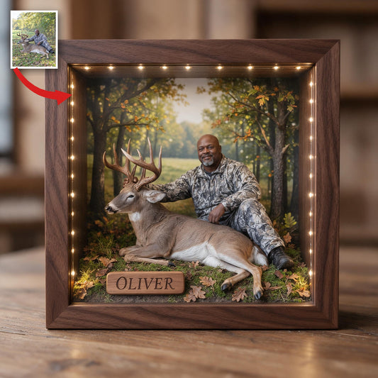 Personalized Custom Photo Middle-Aged Black Hunter with Deer Wooden LED Light Frame Hunting Gift