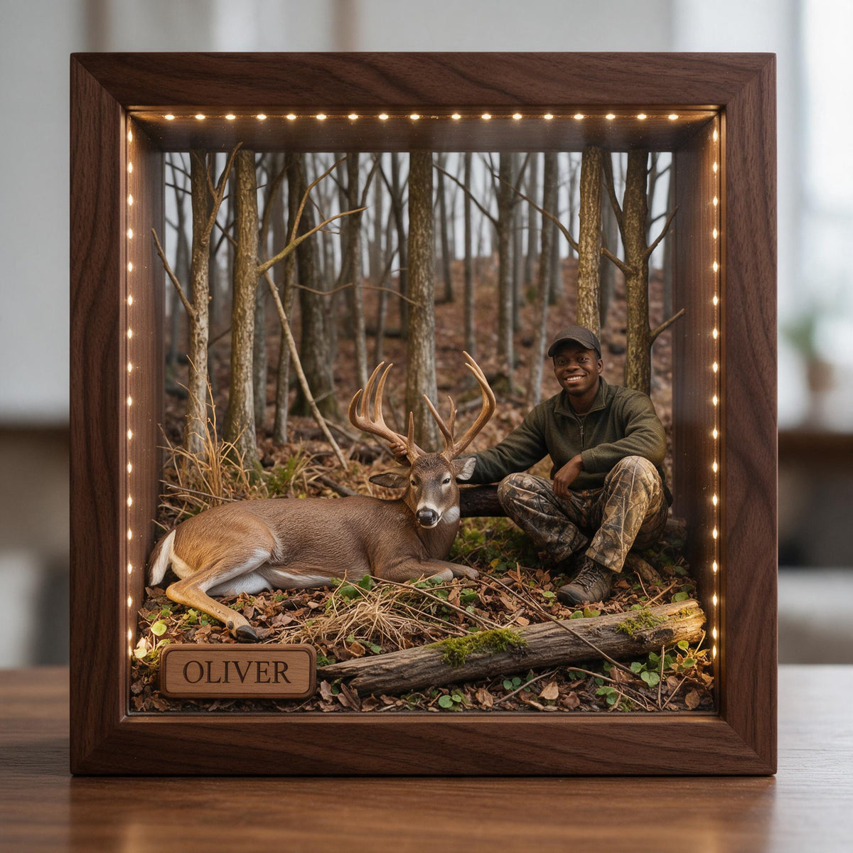 Personalized Custom Photo Black Hunter with Deer Wooden Frame LED Light Hunting Gift