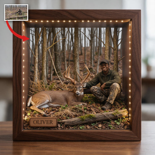 Personalized Custom Photo Black Hunter with Deer Wooden Frame LED Light Hunting Gift