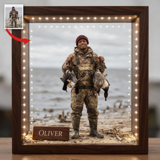 Personalized Custom Photo Black Duck Hunter Wooden Frame LED Light Hunting Gift