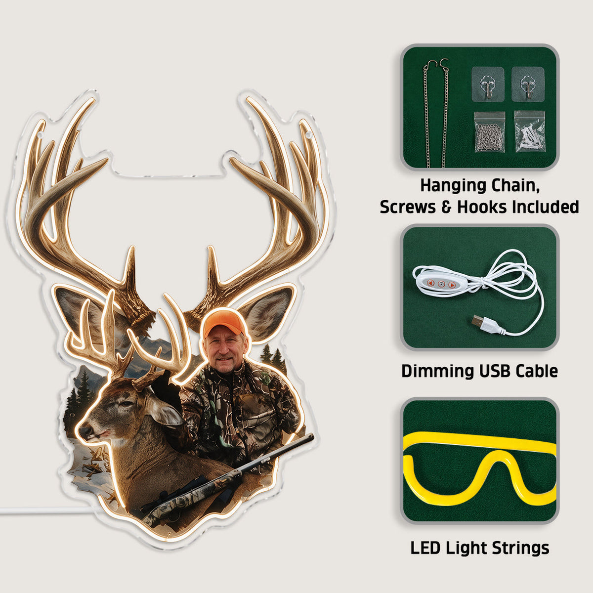 Personalized Custom Photo Middle-Aged Hunting Couple with Deer Neon LED Light Sign Hunting Decor