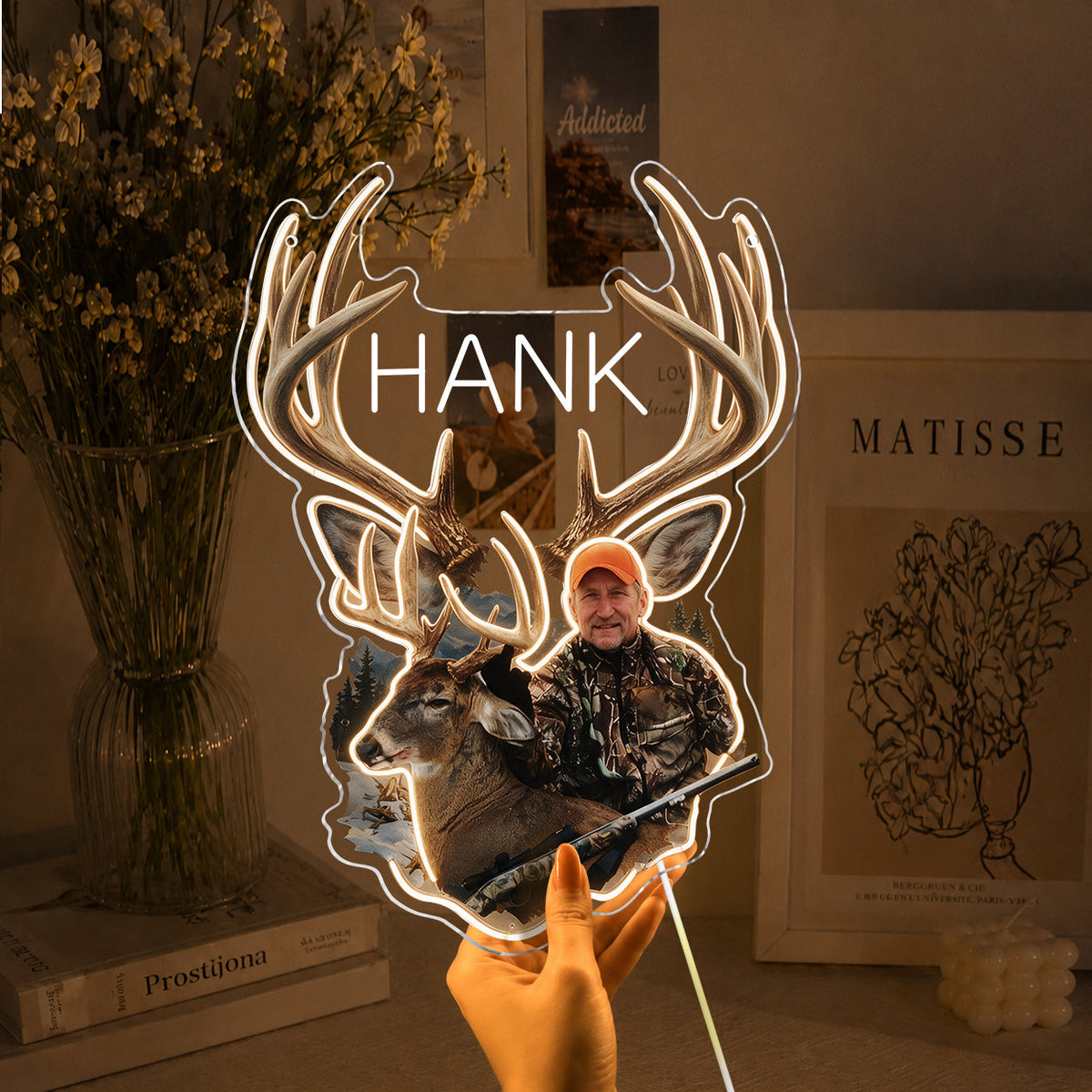 Personalized Middle-Aged Latino Hunter with Deer Neon LED Light Sign Hunting Decor