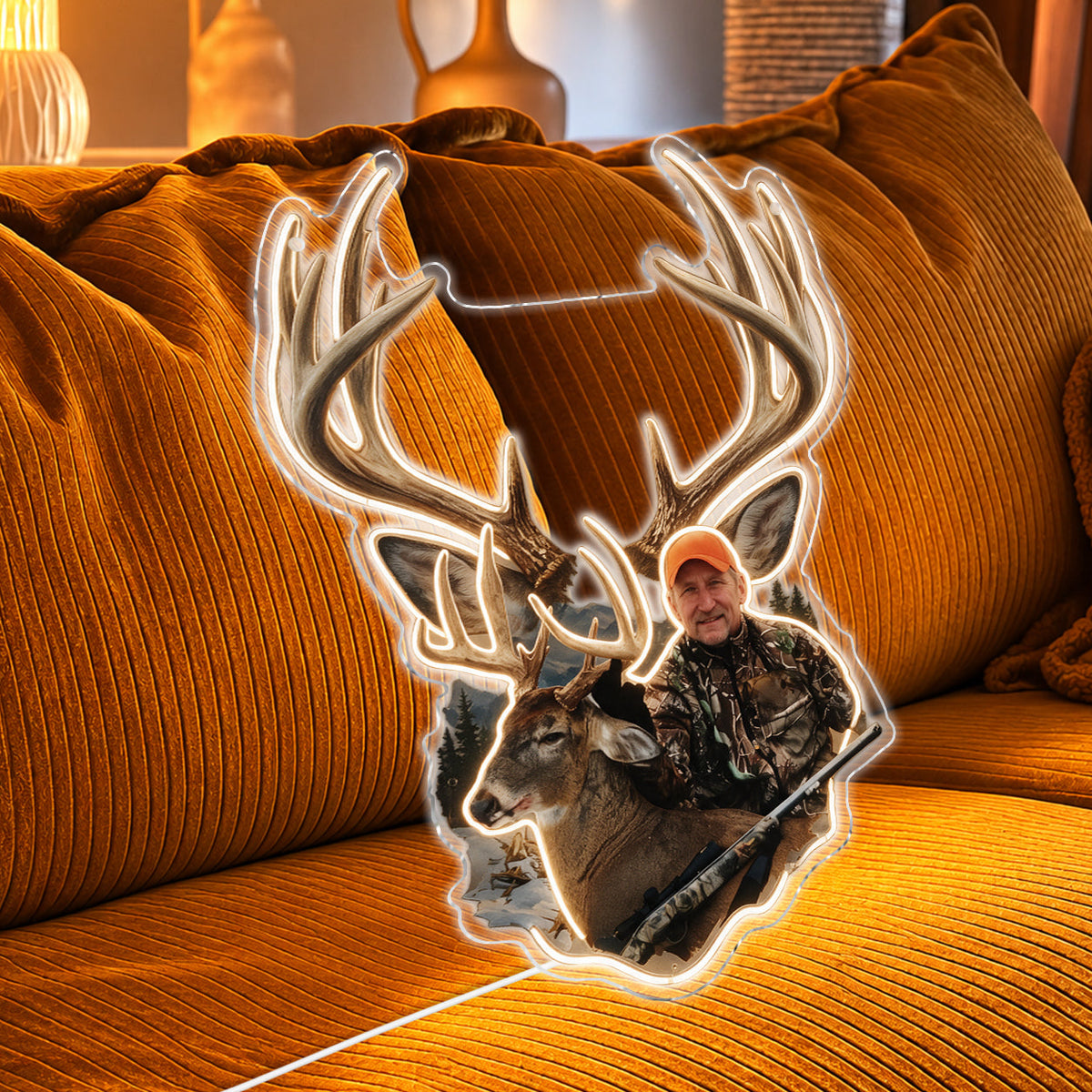 Personalized Middle-Aged Latino Hunter with Deer Neon LED Light Sign Hunting Decor