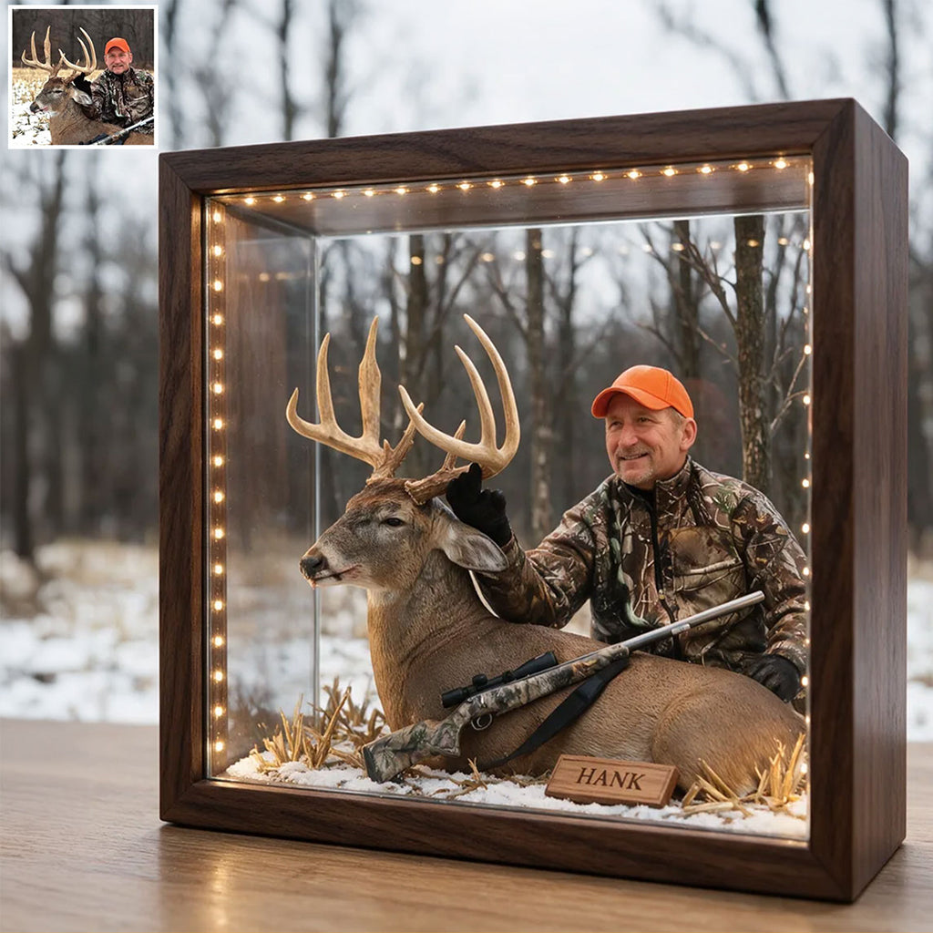 Personalized Custom Photo Hunter and Child with Deer Wooden Frame LED Light Hunting Gift