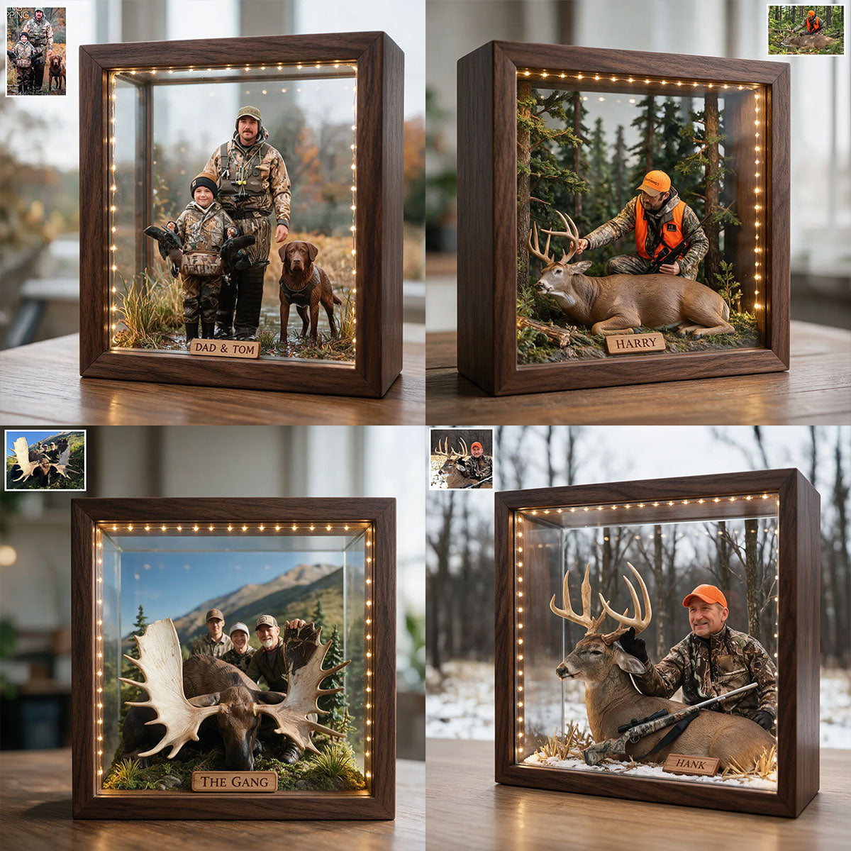 Personalized Custom Photo Hunter and Child with Deer Wooden Frame LED Light Hunting Gift