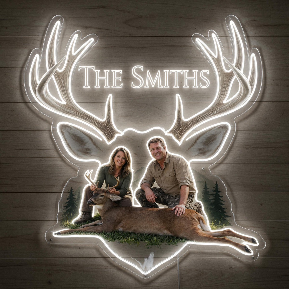 Personalized Custom Photo Middle-Aged Hunting Couple with Deer Neon LED Light Sign Hunting Decor