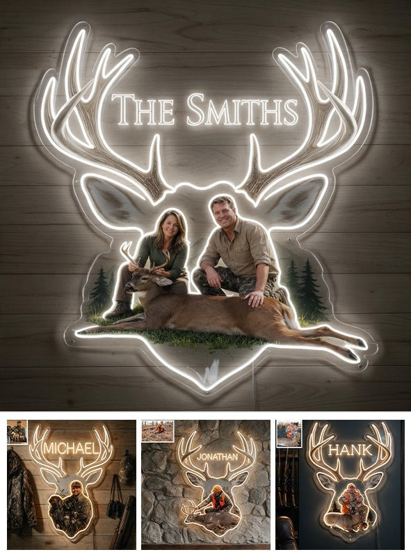 Personalized Custom Photo Middle-Aged Hunting Couple with Deer Neon LED Light Sign Hunting Decor