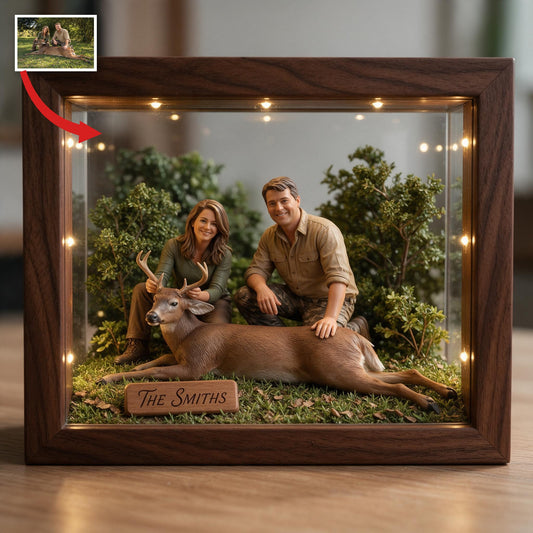 Personalized Custom Photo Middle-Aged Hunting Couple with Deer Wooden Frame LED Light Hunting Gift