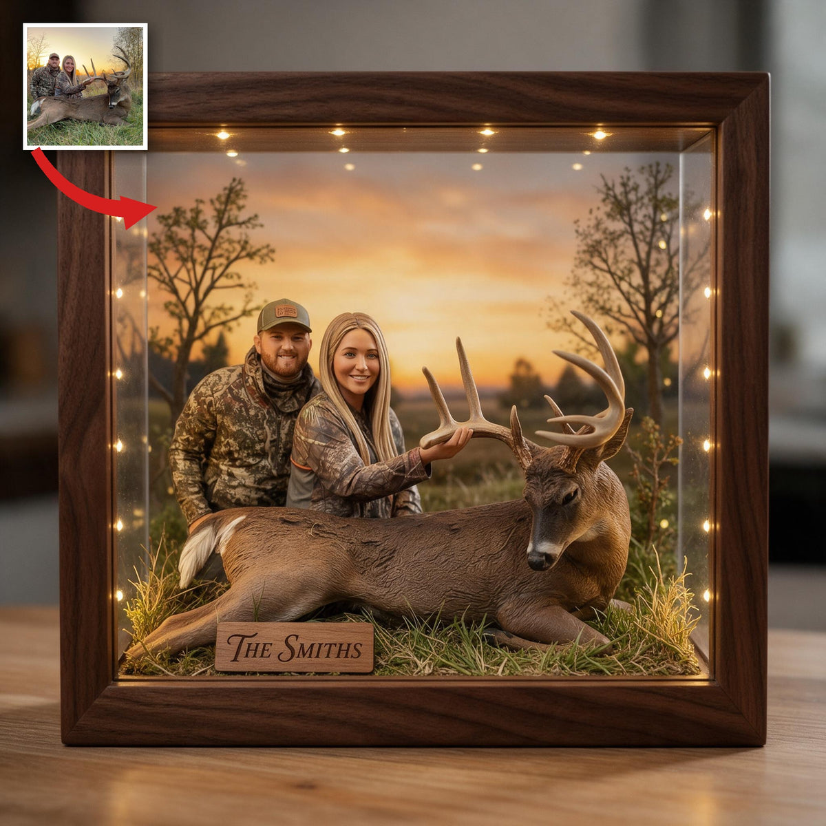 Personalized Custom Photo Hunting Couple with Deer Wooden Frame LED Light Hunting Decor Gift
