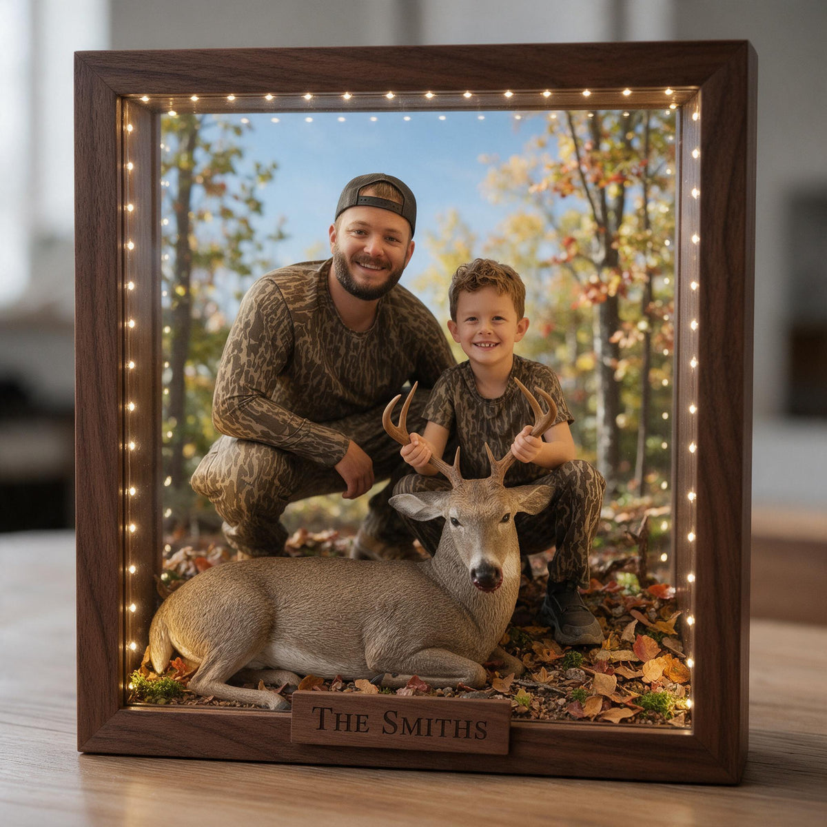 Personalized Custom Photo Hunter and Child with Deer Wooden Frame LED Light Hunting Gift