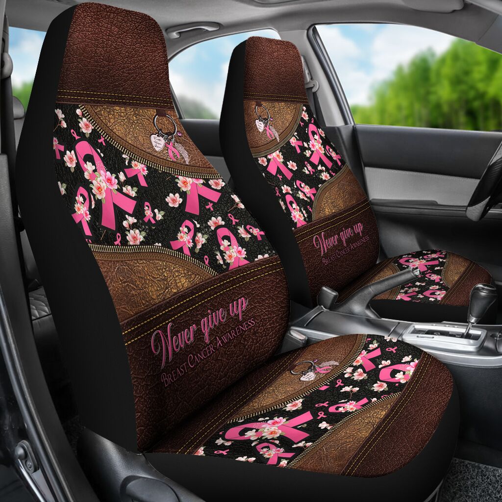 Never Give Up Leather Pattern Print Breast Cancer Awareness Seat Covers 0622