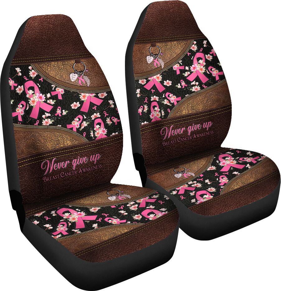 Never Give Up Leather Pattern Print Breast Cancer Awareness Seat Covers 0622