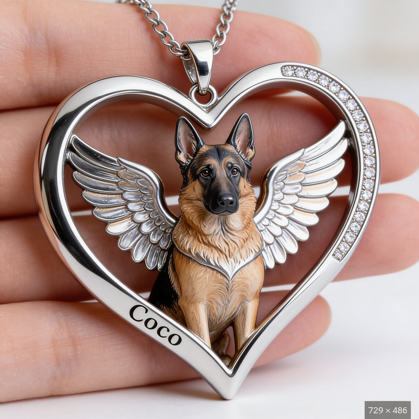 German Shepherd Angel Wings Heart Necklace, Personalized Pet Loss Memorial Jewelry Gift for Dog Lovers