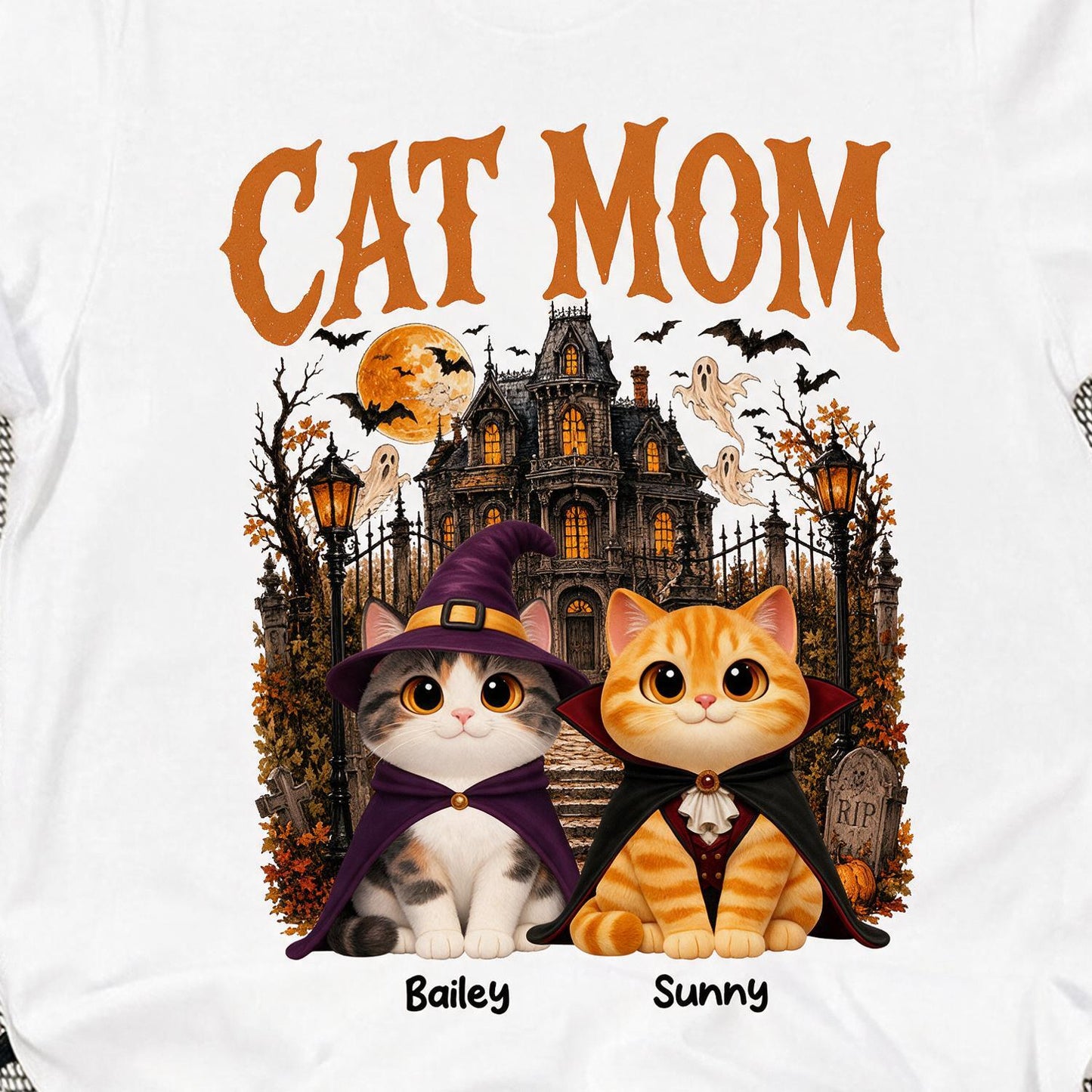 Personalized Cat Mom Halloween Shirt - Retro Haunted House Costume Cats Custom Name Gift For Cat Lovers
