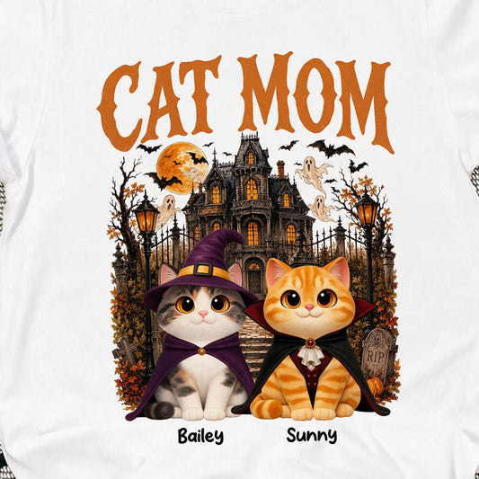 Personalized Cat Mom Halloween Shirt - Retro Haunted House Costume Cats Custom Name Gift For Cat Lovers