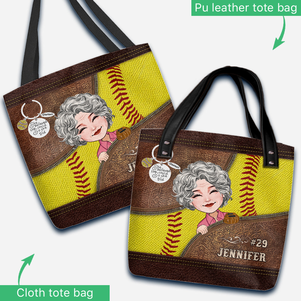 She Believed She Could So She Did - Personalized Softball Tote Bag