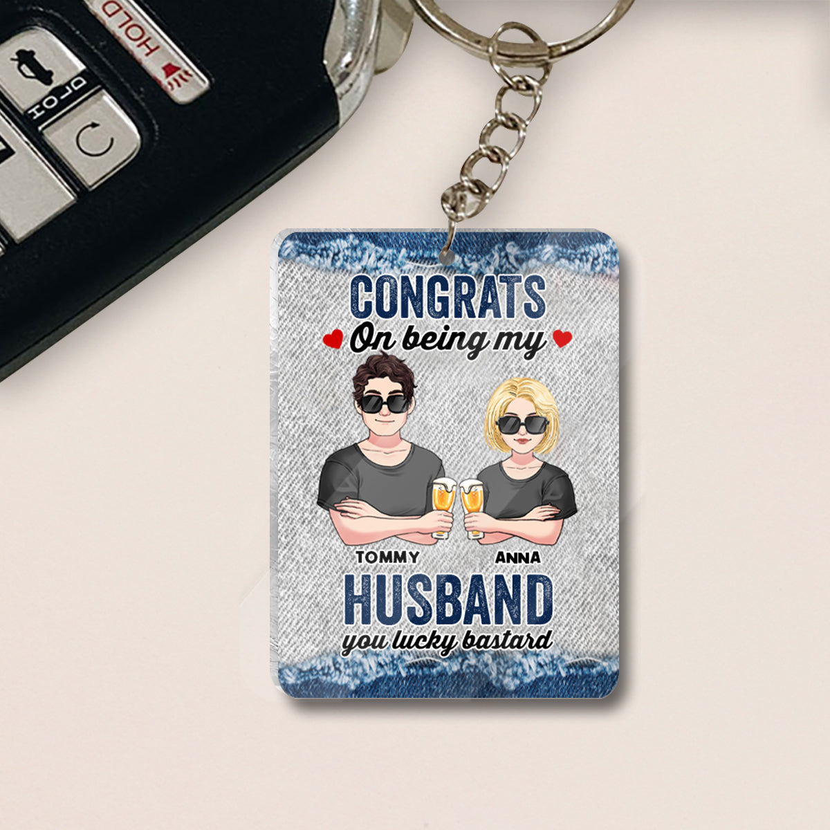 Congrats On Being My Hubby - Personalized Couple Keychain (Printed On Both Sides)