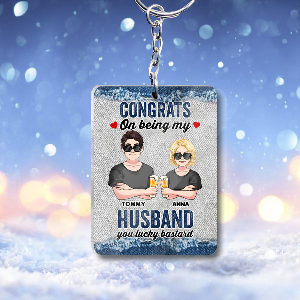 Congrats On Being My Hubby - Personalized Couple Keychain (Printed On Both Sides)
