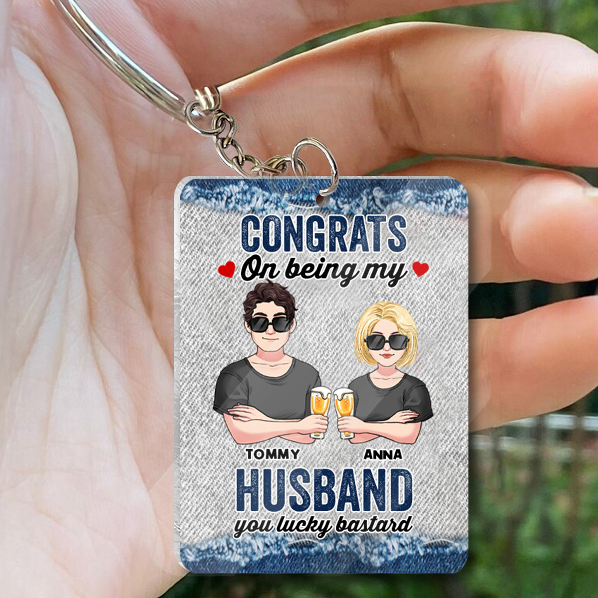 Congrats On Being My Hubby - Personalized Couple Keychain (Printed On Both Sides)