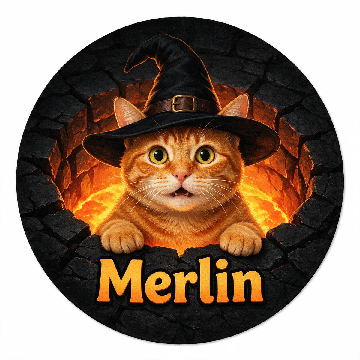 Personalized Halloween Orange Tabby Cat Witch Hat Round Doormat | Cat Mom Gift