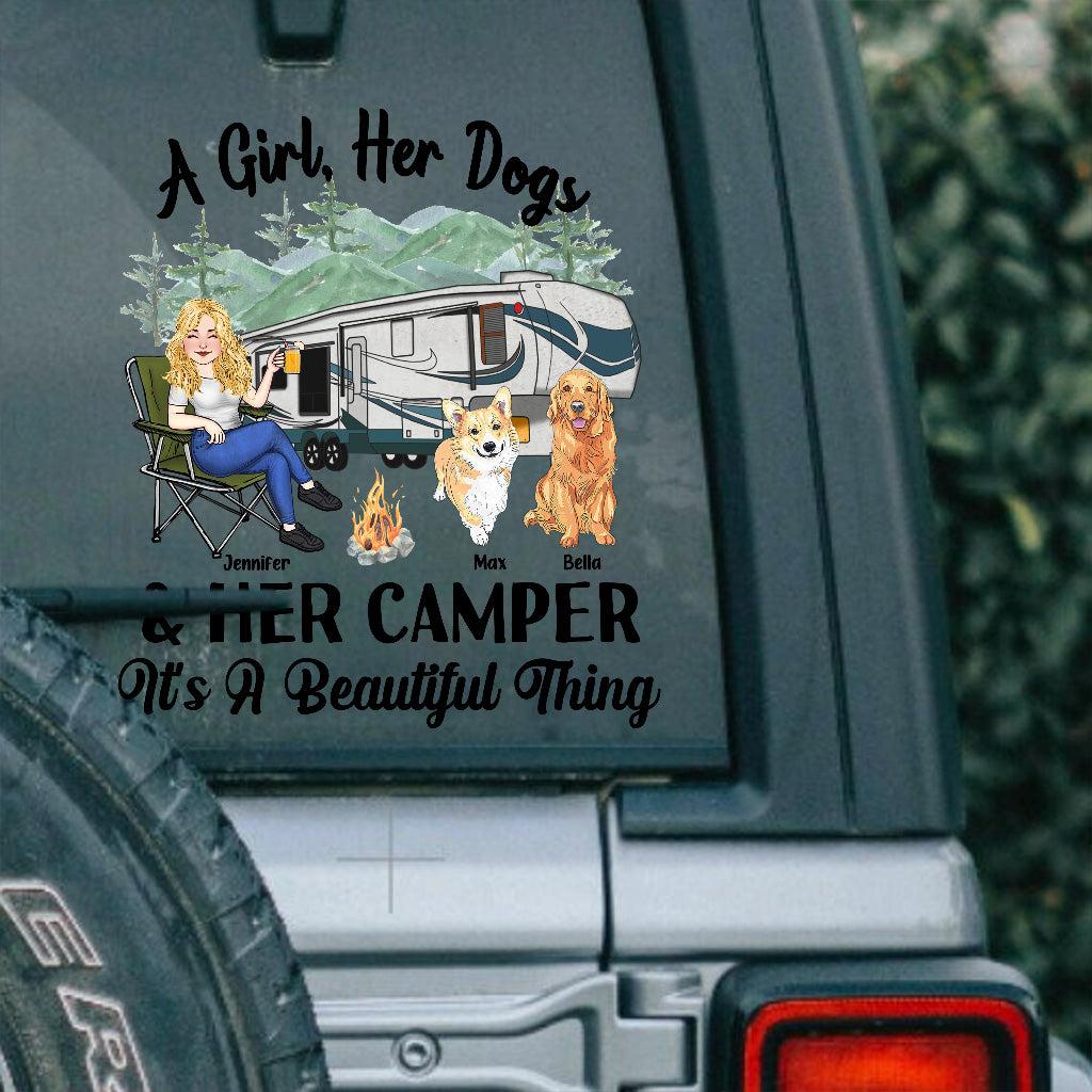 A Girl Her Dog And Her Camper - Personalized Camping Decal Full