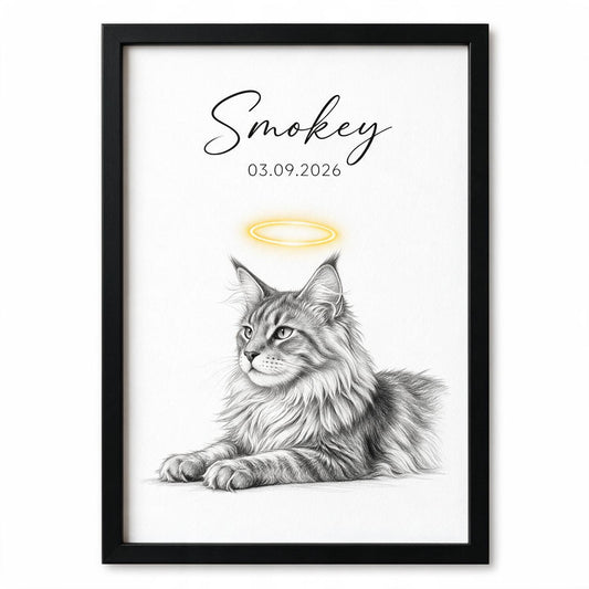 Personalized Fluffy Tabby Maine Coon Cat Memorial Framed Poster - Pet Loss Sympathy Gift
