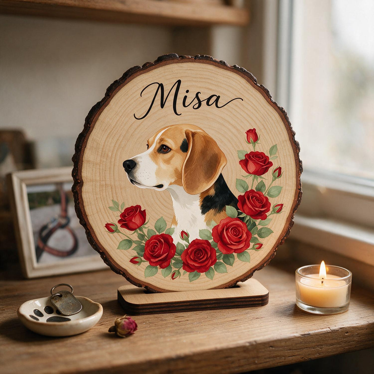 Personalized Beagle Red Roses 2-Layer Wooden Plaque - Custom Pet Memorial Gift for Dog Lovers