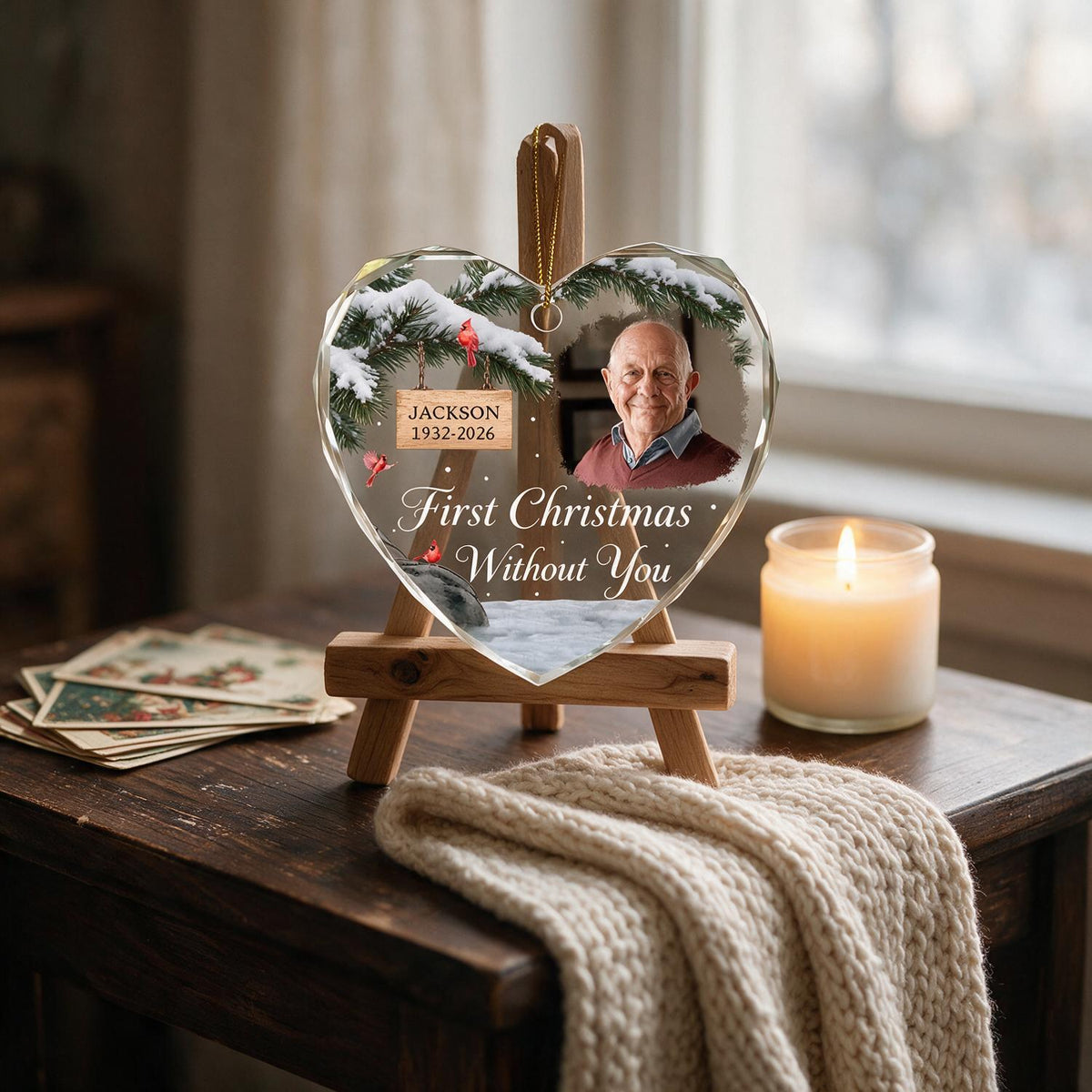 Personalized Christmas First Christmas Without You Heart Shaped Glass Ornament - Custom Photo Memorial Keepsake